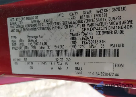 2012 Ford Fiesta Sel z USA, uszkodzony, nr VIN 3FADP4CJ1CM186406